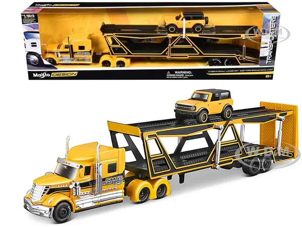 International Lonestar Open Car Hauler Yellow with Black Stripes and 2021 Ford Bronco Badlands Yellow with Black Top "Transporters" Series 1/64 Dieca