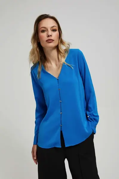 Marisse Azure V-Neck Shirt With Delicate Buttons