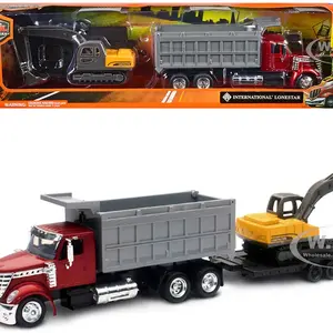 International Lonestar Dump Truck Red and Tracked Excavator Yellow with Flatbed Trailer "Long Haul Truckers" Series 1/43 Diecast Model by New Ray