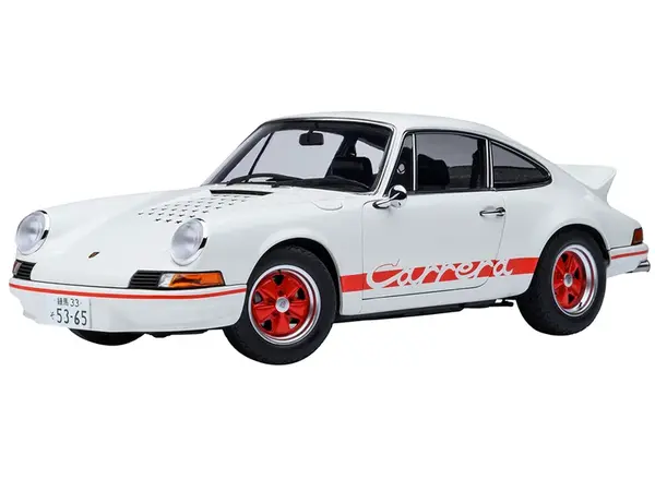Porsche 911 Carrera 2.7 RS "The Circuit Wolf" White with Red Stripes and Wheels with Hood Graphics 1/18 Model Car by Autoart