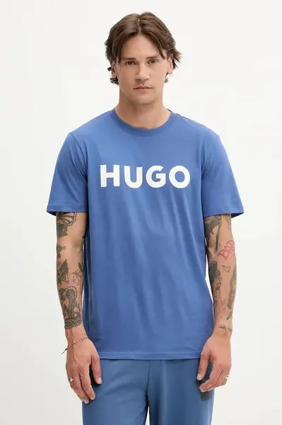 Bavlněné tričko HUGO pánské, černá barva, s potiskem, 50467556