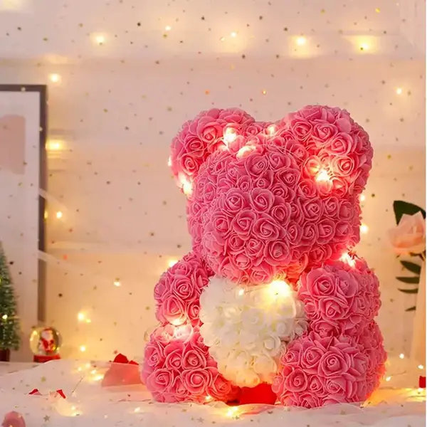 Darček Medvedík z ruží ružovo-biely 25cm DMRB-25 s LED