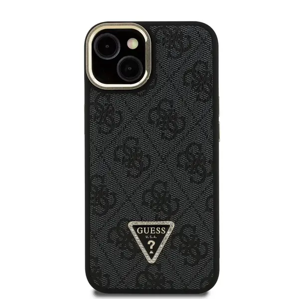 Zadní kryt Guess PU 4G Strass Triangle Logo Stand Camera Frame MagSafe Zadní pro Apple iPhone 15, černá