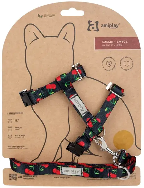 Amiplay Kšíry pro kočku s vodítkem BeHappyCat Cherry | Postroje pro kočky - M