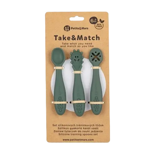 PETITE&MARS Set silikonových tréninkových lžiček Take&Match Misty Green 6m+ 3 ks