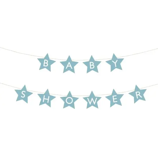 Baby shower banner svetlomodrý s hviezdičkami – 290×16,5 cm, nápis „Baby Shower“