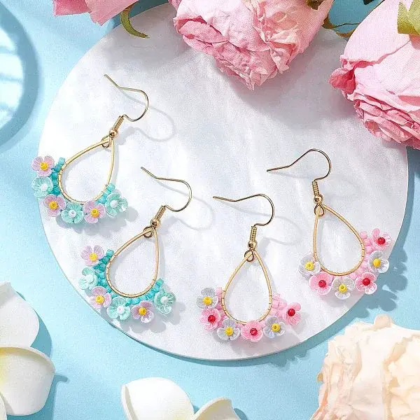 2Pairs Resin & Glass Seed Beads Teardrop Dangle Earrings