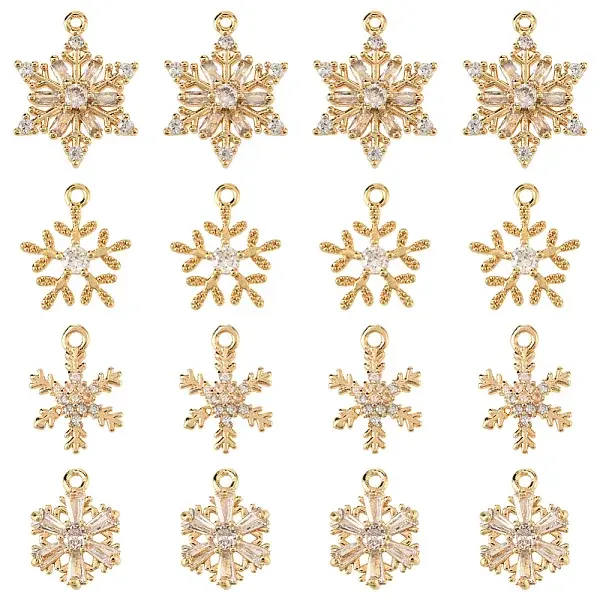 16Pcs 4 Styles Brass Micro Cubic Zirconia Charms