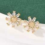 Flower Brass Micro Pave Clear Cubic Zirconia Stud Earrings