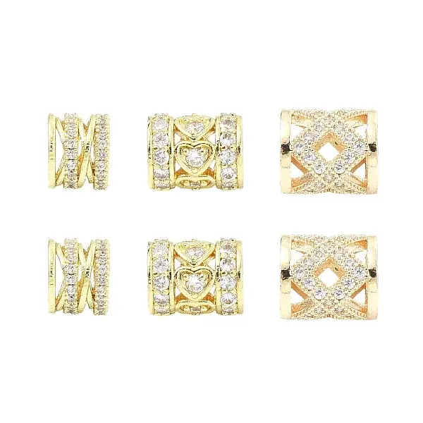 6Pcs 3 Styles Brass Pave Clear Cubic Zirconia European Beads