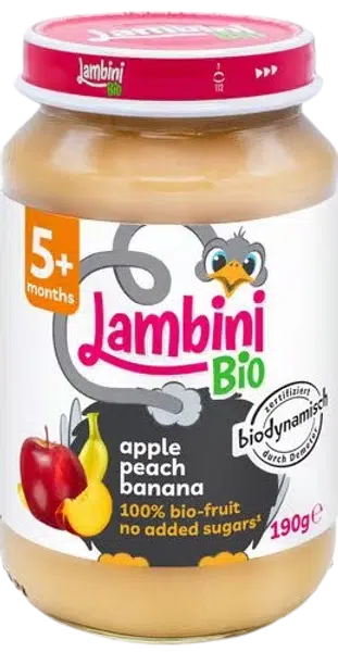 LAMBINI BIO Demeter příkrm jablko, broskev a banán 190 g