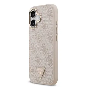 Zadní kryt Guess PU Leather 4G Strass Triangle Logo Gold Frame MagSafe pro Apple iPhone 17, růžová