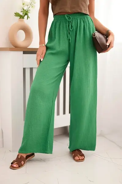 Kesi Włoski Mušelínové kalhoty se širokou nohavicí zelený