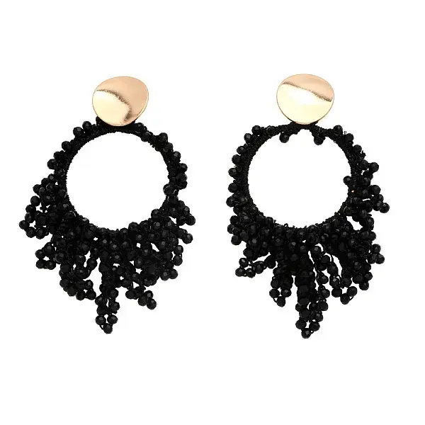 Flat Round Brass Glass Bead Dangle Stud Earrings