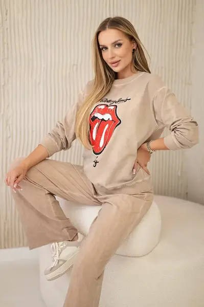 Włoski Bavlněná souprava otřená potiskem teplákové + kalhoty velbloud