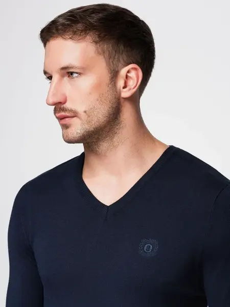 Ombre Men's elegant BASIC V-neck sweater with viscose - navy blue