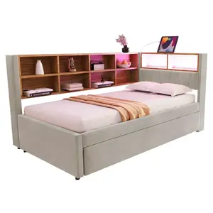 CHICFURN ROZKLÁDACÍ POHOVKA 90/200 cm & 90/190 cm ve světle šedé látce s LED, USB a policemi