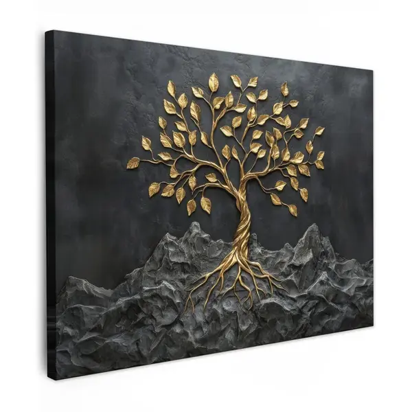 MuchoWow OBRAZ NA PLÁTNĚ Listy - Zlato - Strom - Skála 40x30 cm