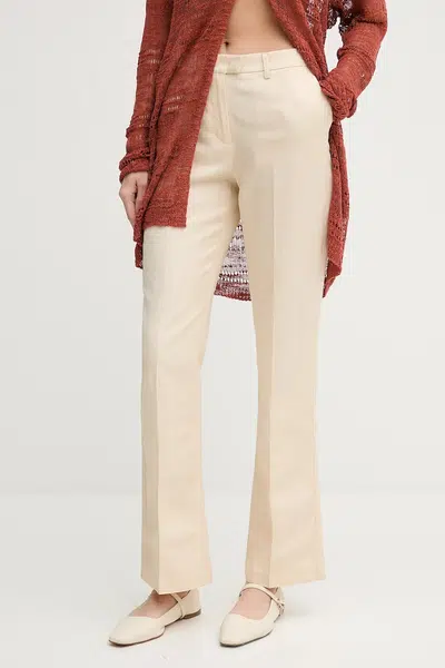 Kalhoty s příměsí lnu Sisley dámské, béžová barva, high waist, 4G1WLF06Y