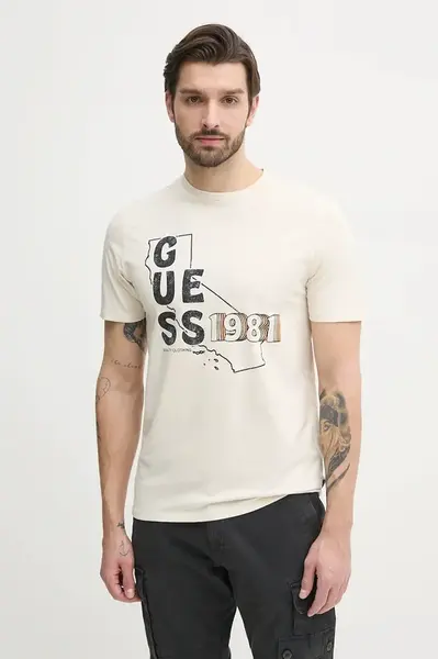 Bavlněné tričko Guess béžová barva, s potiskem, M5GI44 KBW41