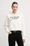 Bavlněná mikina Tommy Jeans dámská, béžová barva, s kapucí, s potiskem, DW0DW20306