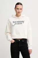 Bavlněná mikina Tommy Jeans dámská, béžová barva, s kapucí, s potiskem, DW0DW20306