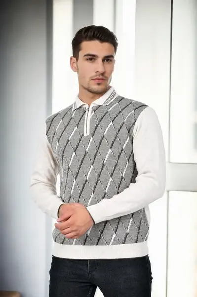 29477 Dewberry Zippered Polo Collar Mens Sweater-STONE