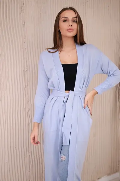 Long sweater with waist tie in blue color