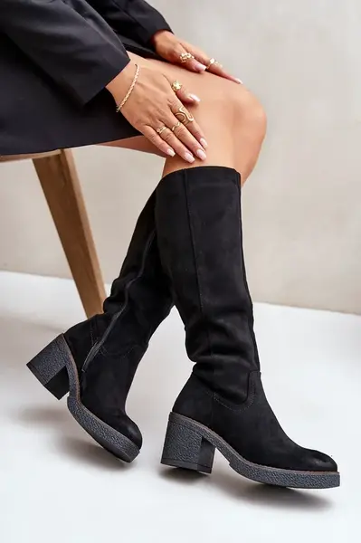 Insulated boots on heel eco suede below the knee black Leamirael