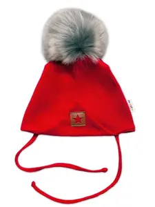 Baby Nellys Zimní,podzimní bavlněná dvouvrstvá čepice s bambulí Star, červená