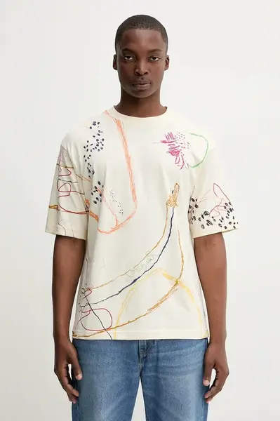 Bavlněné tričko Desigual JHON pánské, béžová barva, 25WMTK03