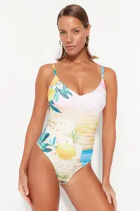 Trendyol Scenery Patterned V-Neck Regular Leg Swimsuit
