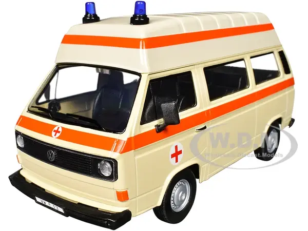 Volkswagen Type 2 (T3) High Roof Ambulance Cream with Orange Stripes 1/24 Diecast Model Car by Motormax