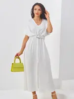 Resti Women's midi dress with short sleeves, V-neck and front slit