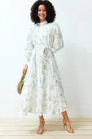 Trendyol Ecru High Collar Floral Belted Poplin Woven Dress