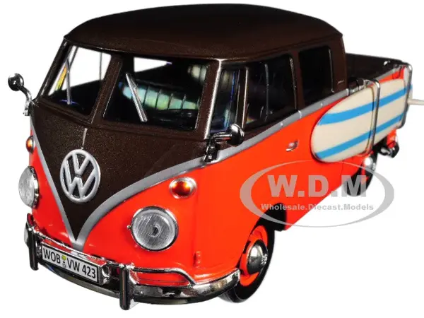 Volkswagen Type 2 (T1) Pickup with Surfboard Brown and Orange 1/24 Diecast Model Car by Motormax