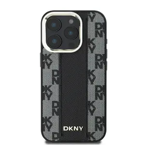 Zadní kryt DKNY PU Leather Checkered Pattern Magsafe pro Apple iPhone 16 Pro, černá