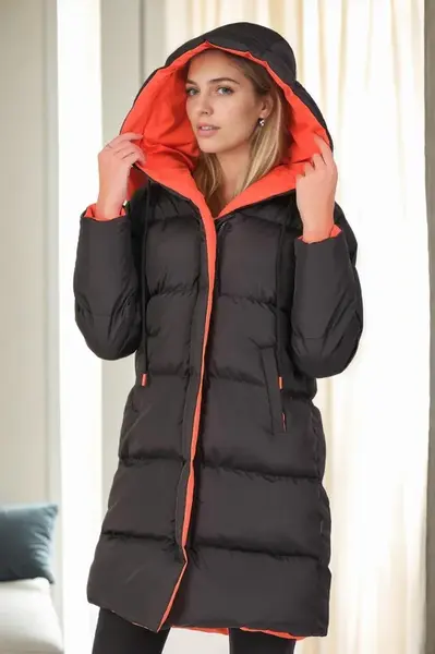Z8687 DEWBERRY WOMEN'S COAT-BLACK-ORANGE