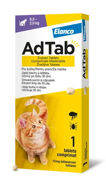 AdTab 12 mg žvýkací tablety pro kočky o hmotnosti 0,5–2,0 kg