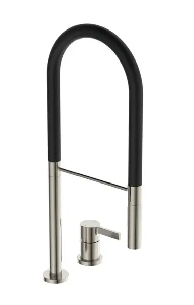 Ideal Standard Gusto - Dřezová baterie s flexibilním ramenem a sprškou, 2-otvorová instalace, ocel/černá BD425GN