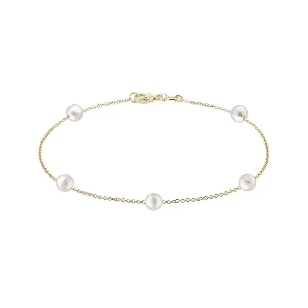 Zlatý retiazkový náramok s 5 bielymi perlami KLENOTA