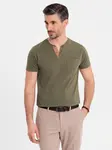 Ombre Men's T-shirt with button neckline and suede trim - dark olive