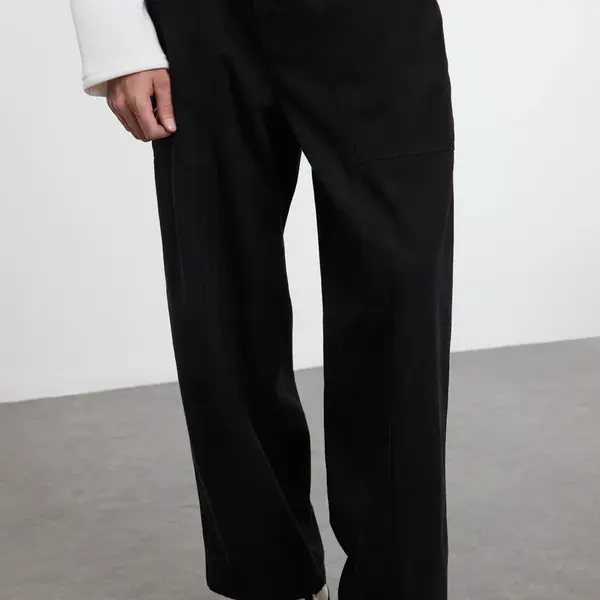 Trendyol Black 100% Cotton Unisex Balloon Fit Waist Tie Detail Woven Gabardine Trousers