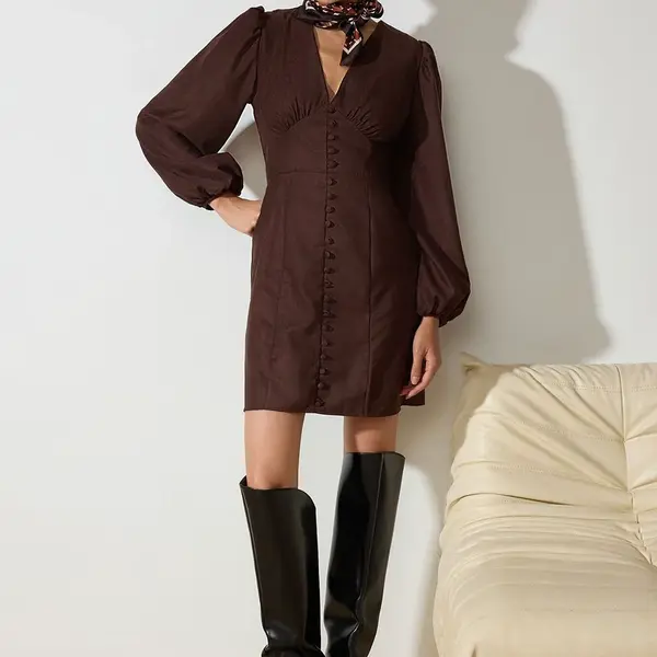 Trendyol Brown Plain Mini Mini Balloon Sleeve V Neck Suede Woven Dress