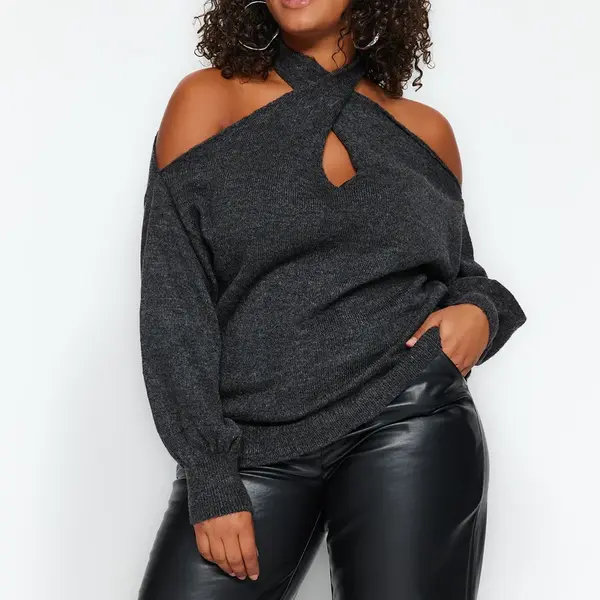Trendyol Curve Antracitový úplet Svetr nadměrných velikostí
