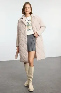 Trendyol Ecru Oversize Belted Long Quilted Puffer Coat