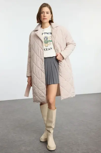Trendyol Ecru Oversize Belted Long Quilted Puffer Coat