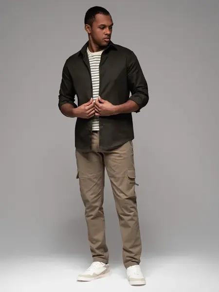 Ombre Men's cargo pants STRAIGHT LEG with zippered pockets - khaki