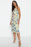 Trendyol Green Floral Print Halter Neck Belted Crepe Midi Knitted Dress