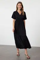 Trendyol Black Plain Maxi Double Breasted Skirt Ruffle Textured Short Sleeve Flexible Knitted Maxi Dress Knit Dress